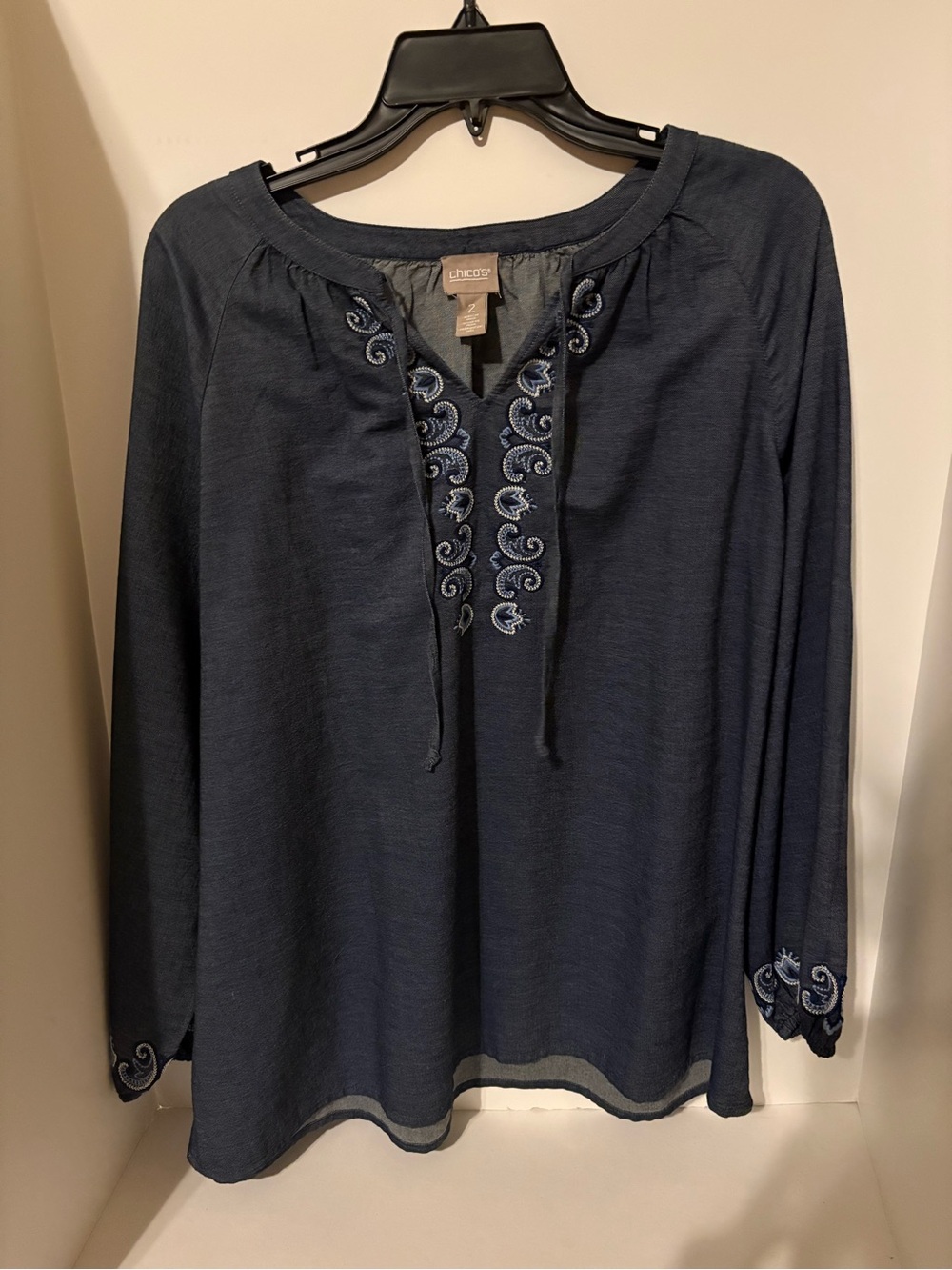 Chico's Navy Embroidered Tie-Neck Tunic